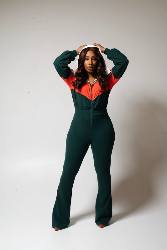 COLOR BLOCK FLARE JUMPSUITS