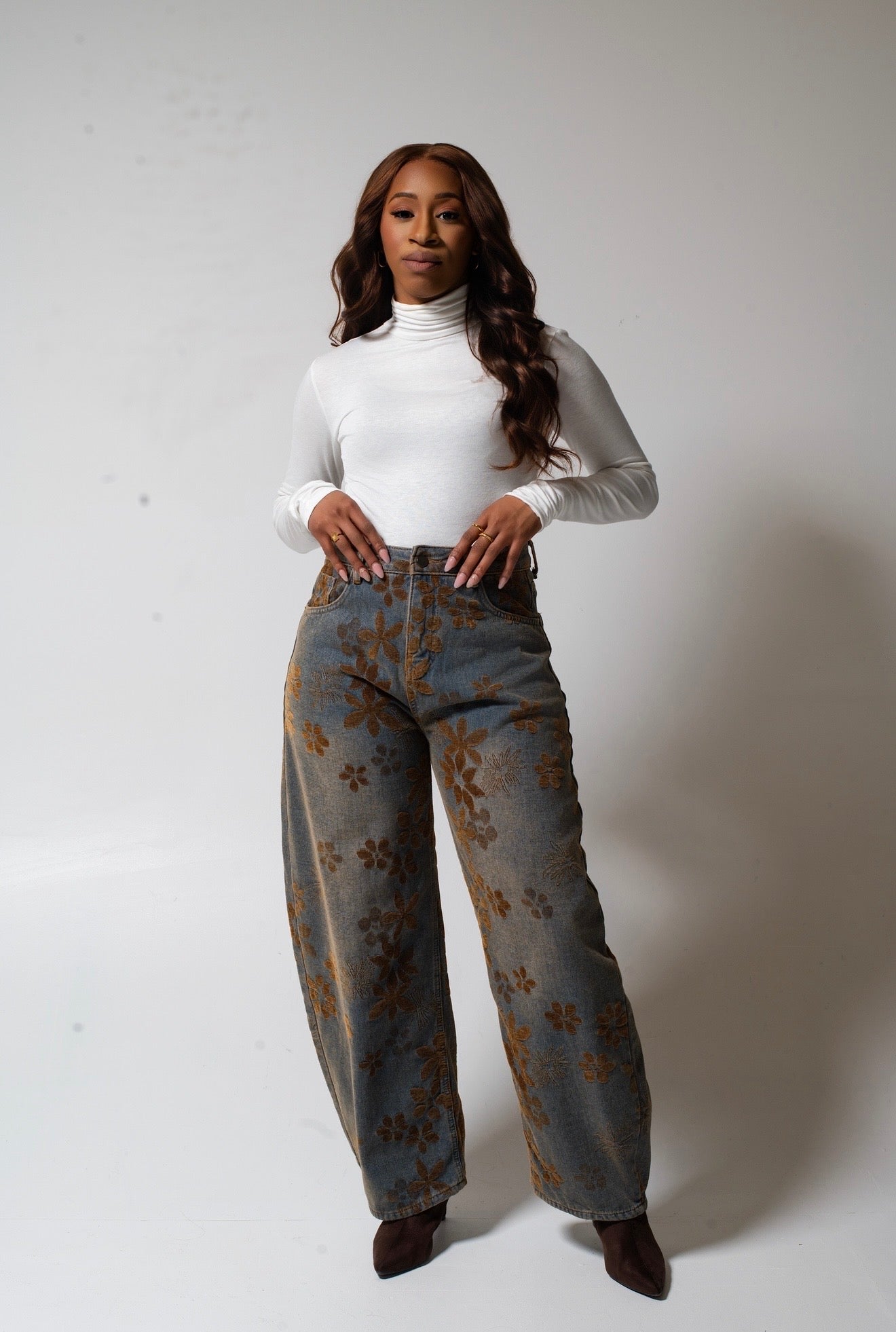 Floral Print Wide Leg Denim Pants