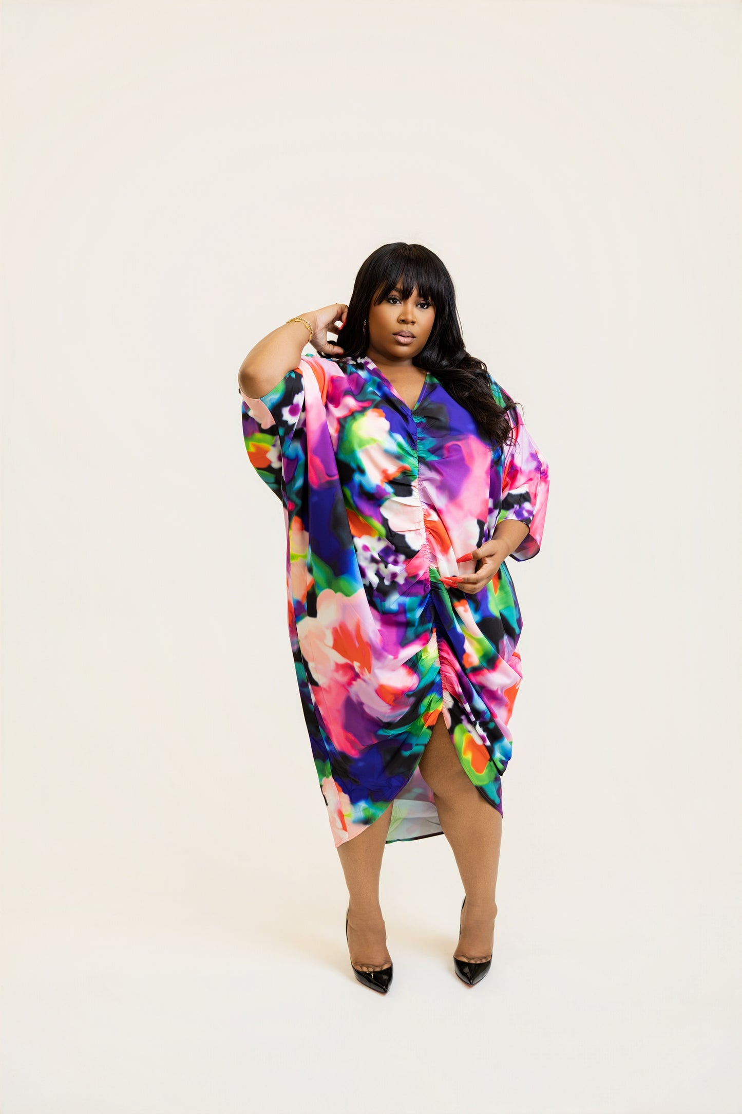 PRINTED RUCHED KAFTAN DRESS (1XL-3XL))