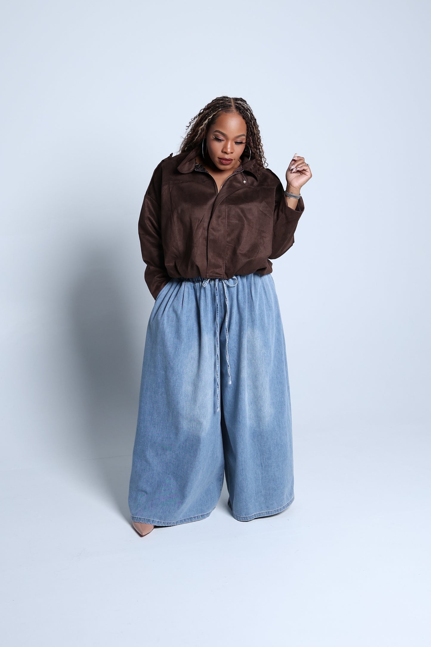Wide Leg Denim Pants With Elastic Waist