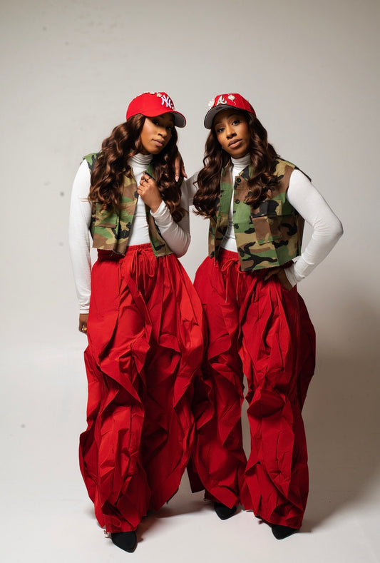 Red Wide Leg Ruffle Jogger Pants