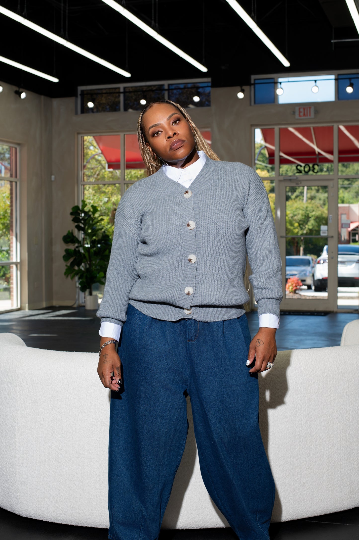 Relaxed Lantern Sleeved Cardigan (Grey)