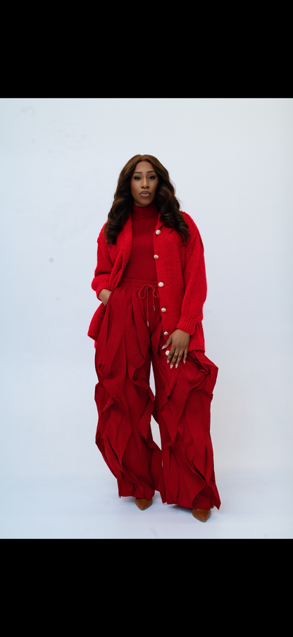 Red Wide Leg Ruffle Jogger Pants