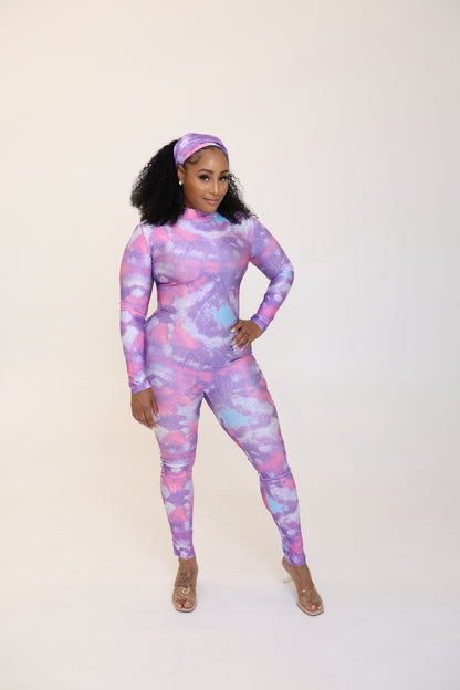 MOCK NECK BODYCON JUMPSUIT WITH HEAD SCARF