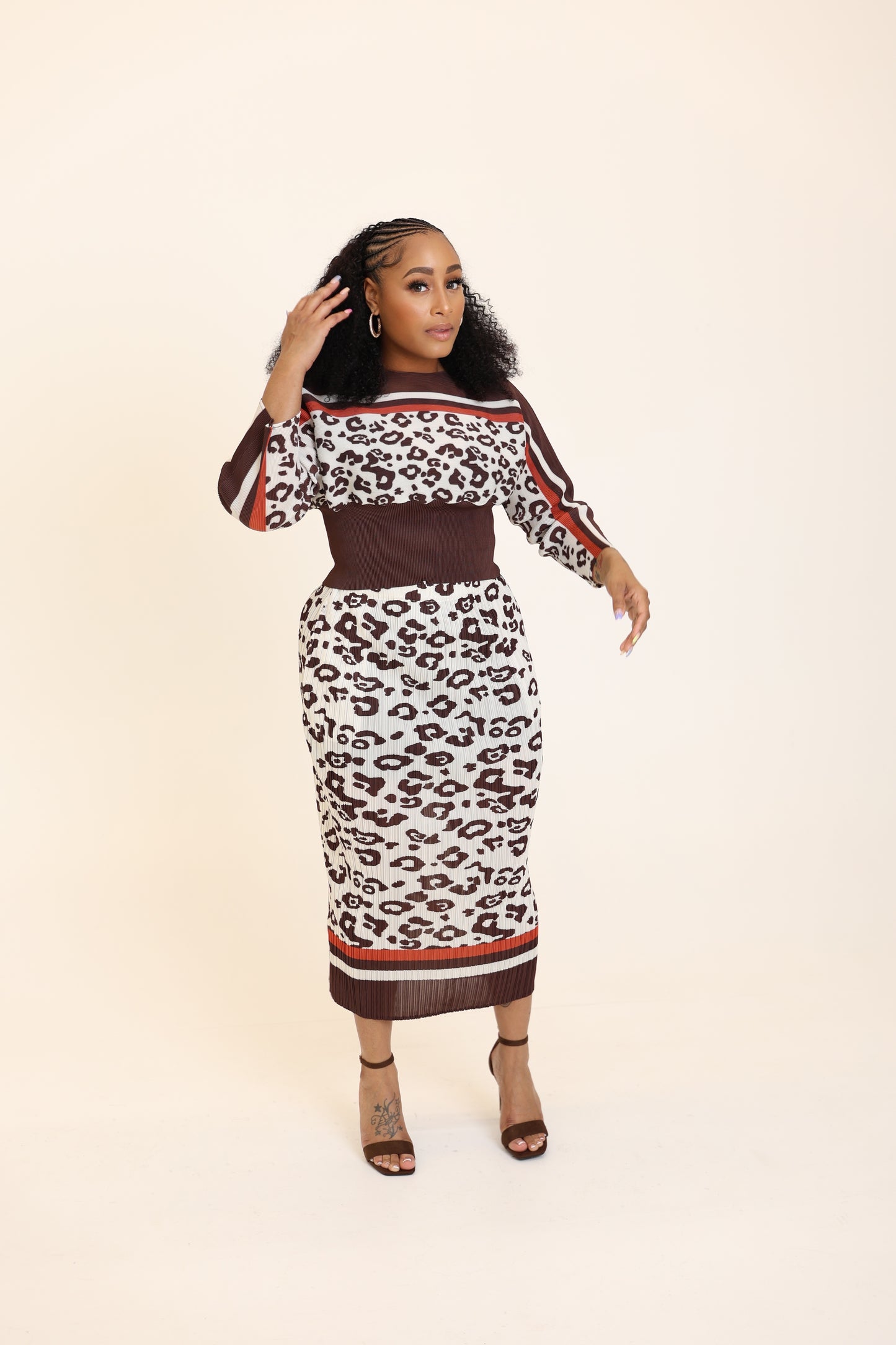 Leopard Print Pleated Knit Skirt Set