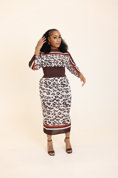 Leopard Print Pleated Knit Skirt Set