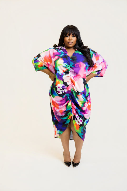 PRINTED RUCHED KAFTAN DRESS (1XL-3XL))