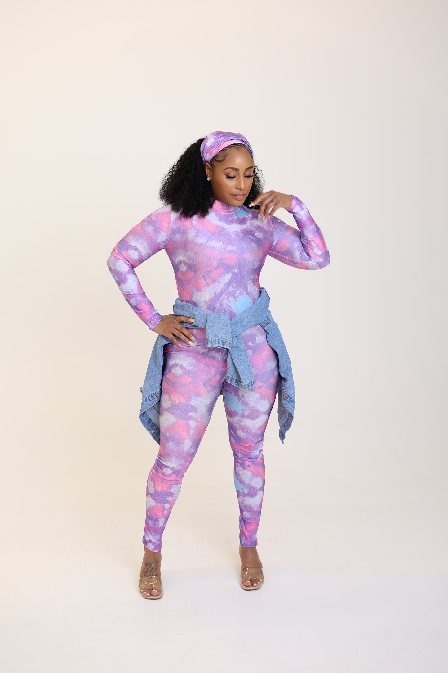 MOCK NECK BODYCON JUMPSUIT WITH HEAD SCARF
