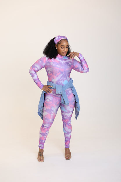 MOCK NECK BODYCON JUMPSUIT WITH HEAD SCARF