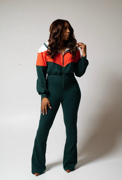COLOR BLOCK FLARE JUMPSUITS