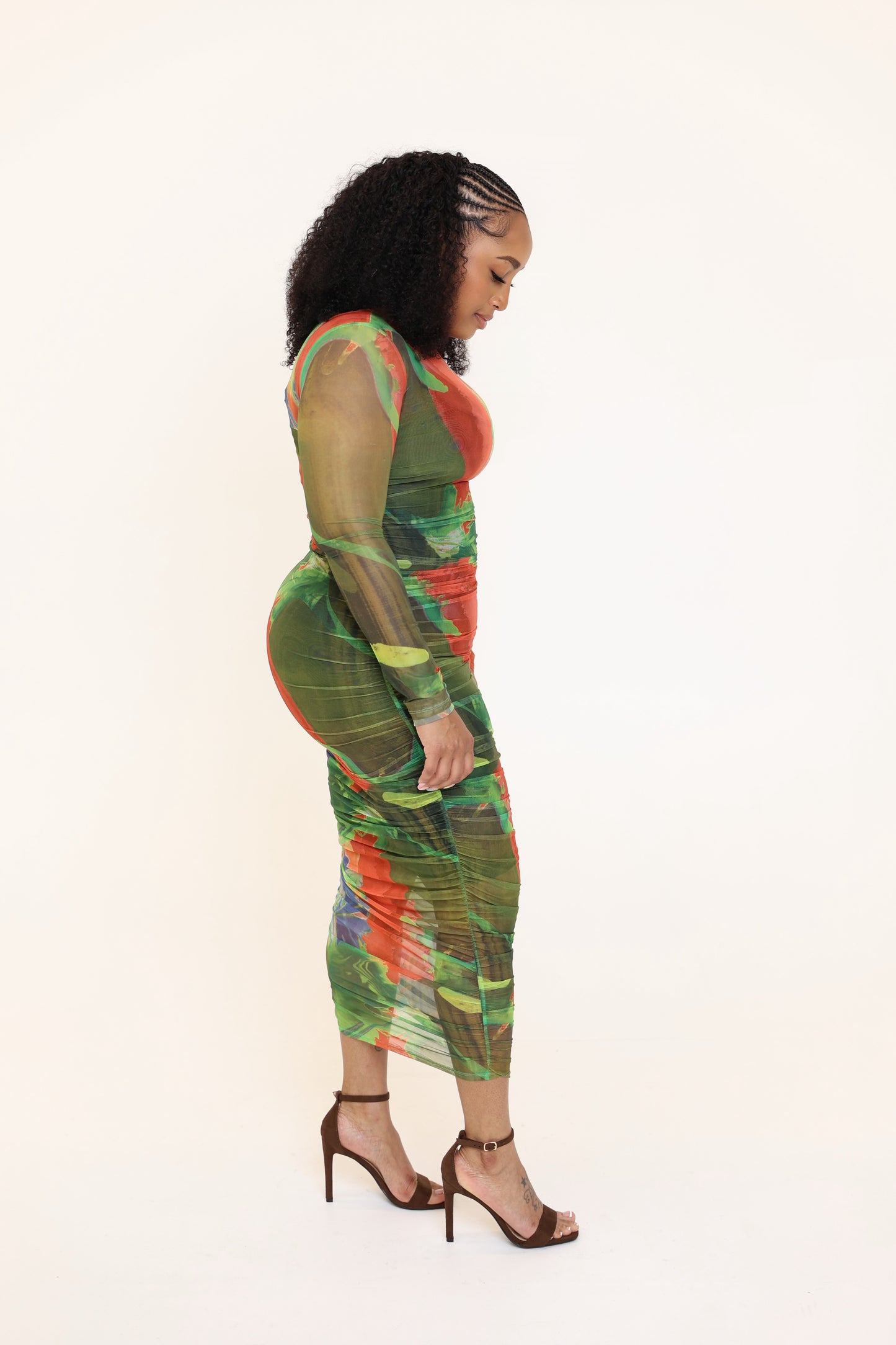 Abstract Flower Print Mesh Ruched Midi Dress