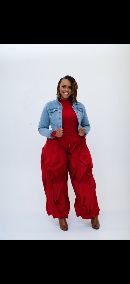 Red Wide Leg Ruffle Jogger Pants
