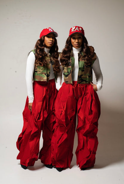 Red Wide Leg Ruffle Jogger Pants