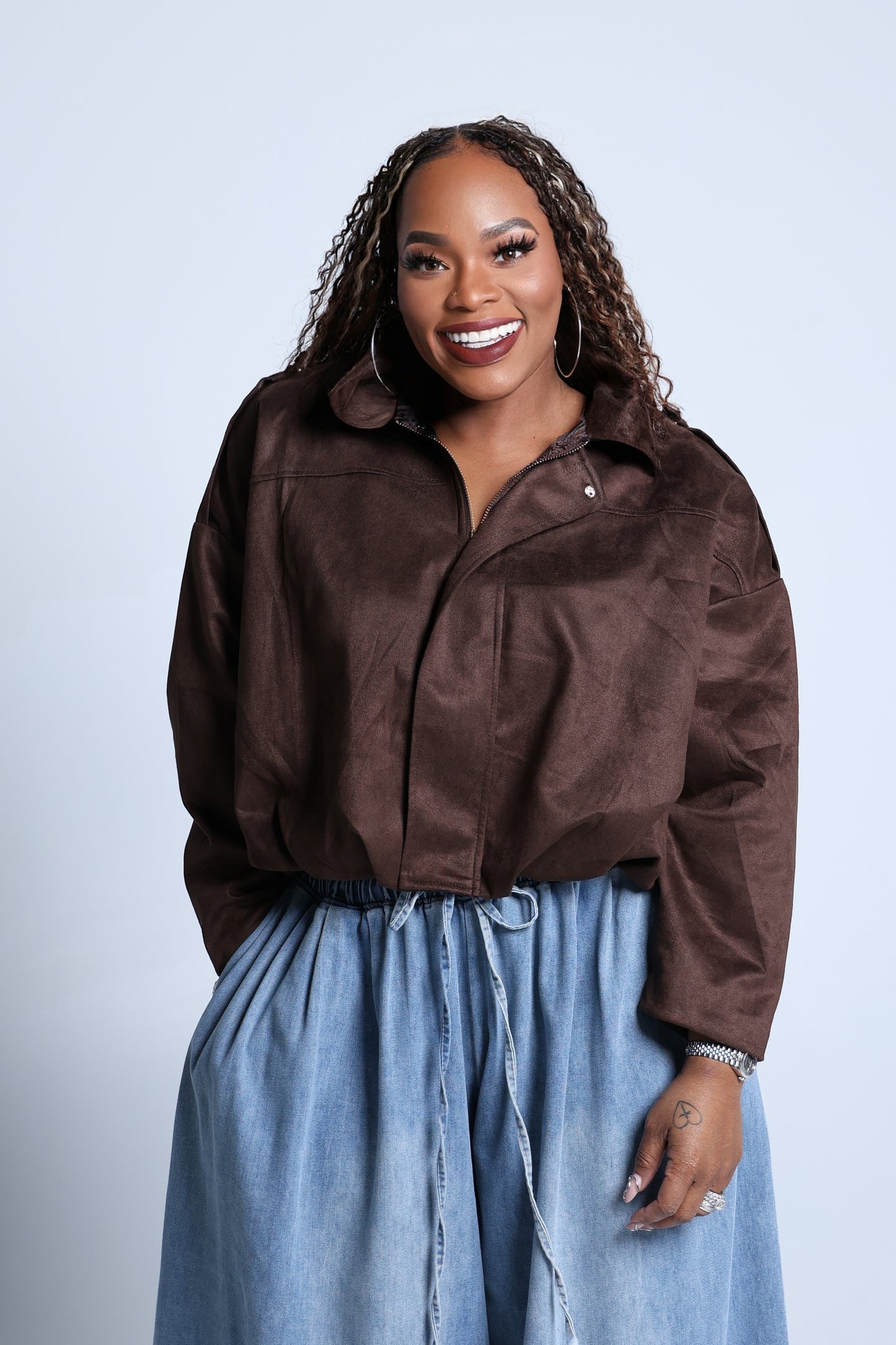 Vintage Style Faux Suede Bomber Jackets w/ Zip Detail