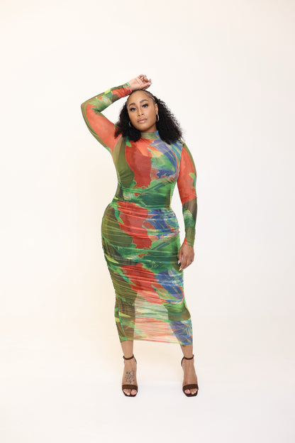 Abstract Flower Print Mesh Ruched Midi Dress