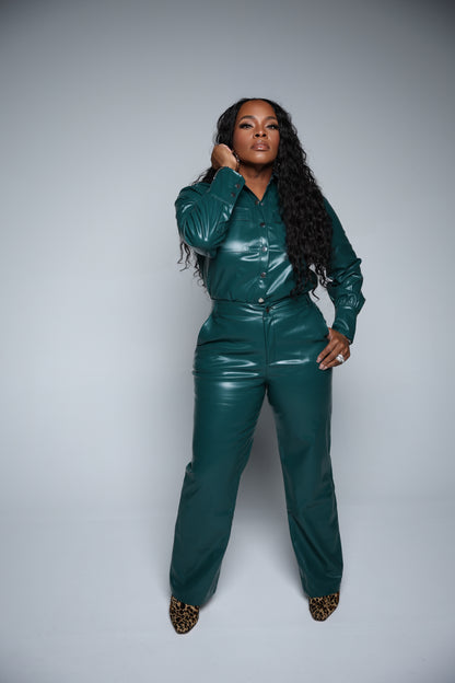 Faux Leather Button-Up Pants Suit