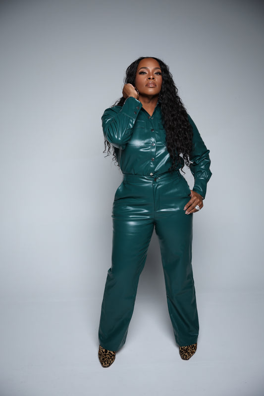 Faux Leather Button-Up Pants Suit