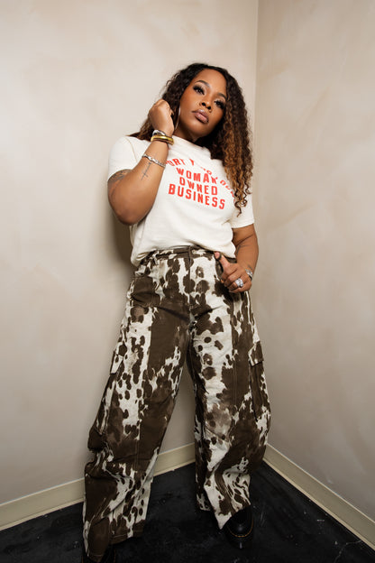 COW PRINT BARREL JEANS