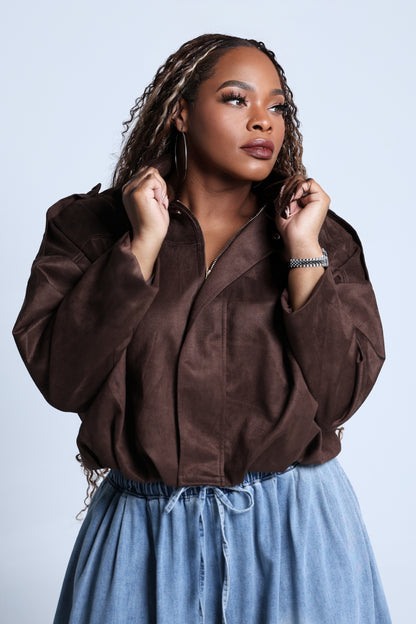 Vintage Style Faux Suede Bomber Jackets w/ Zip Detail