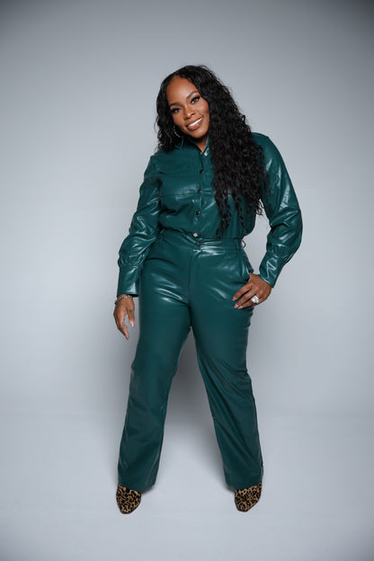 Faux Leather Button-Up Pants Suit