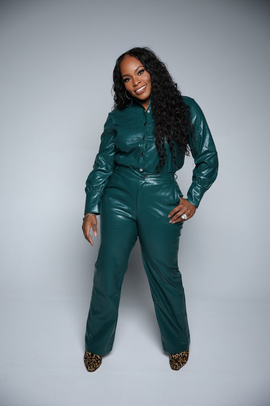 Faux Leather Button-Up Pants Suit