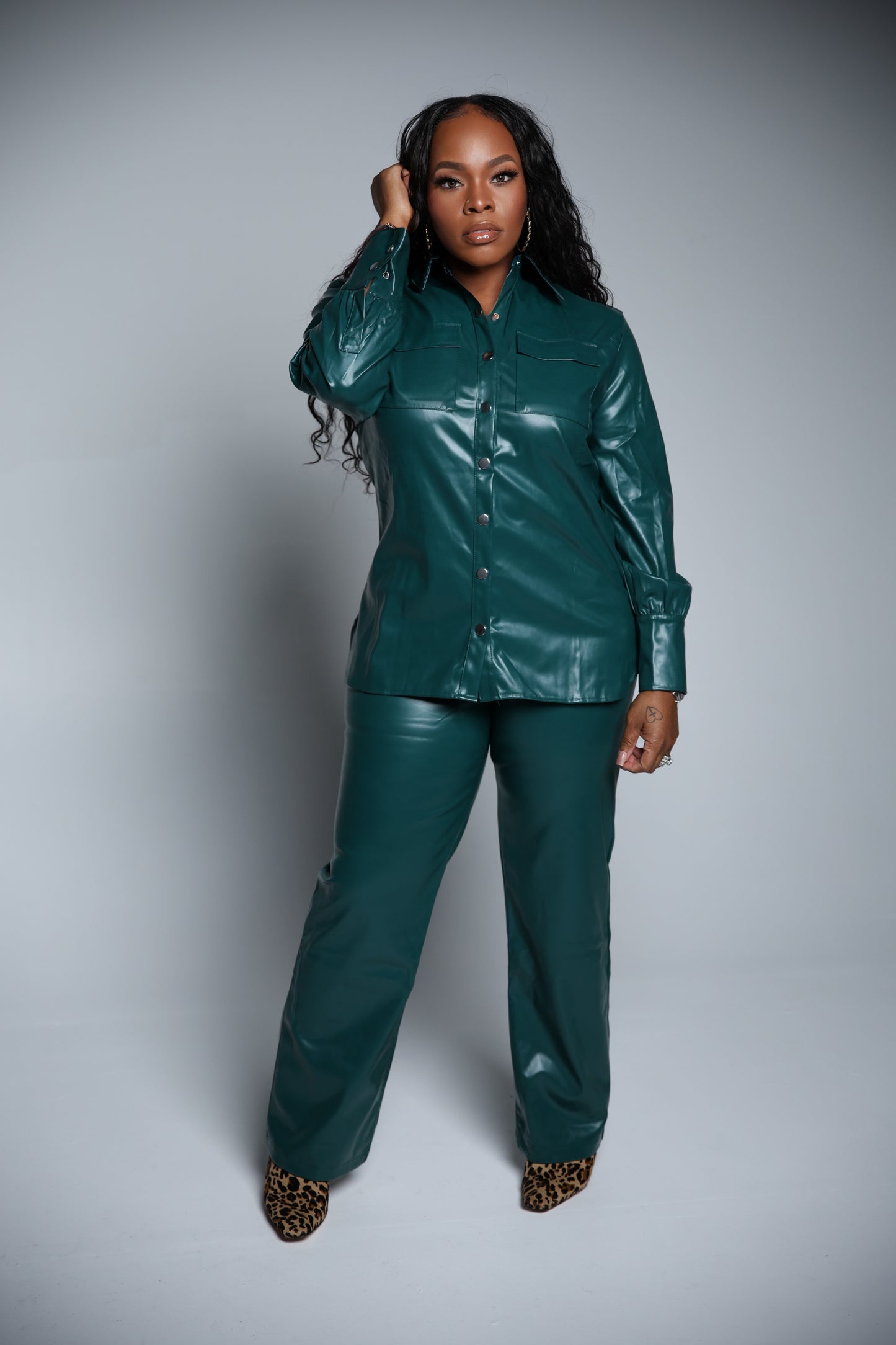 Faux Leather Button-Up Pants Suit