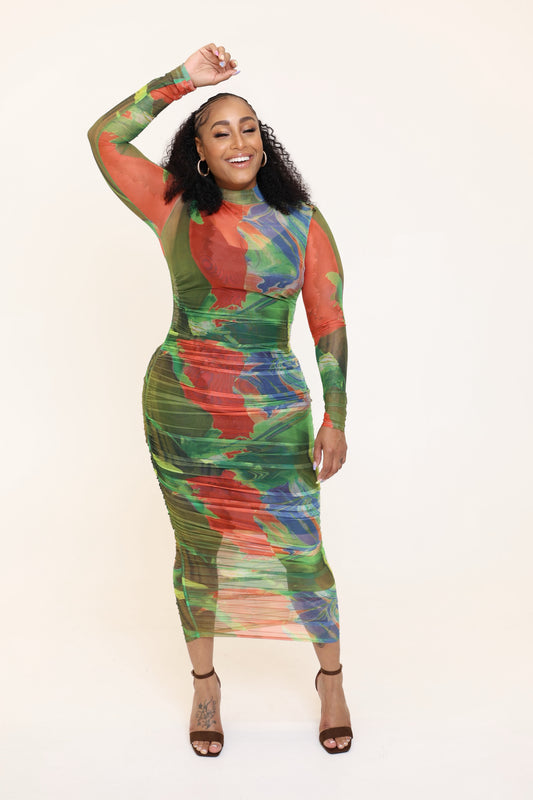 Abstract Flower Print Mesh Ruched Midi Dress