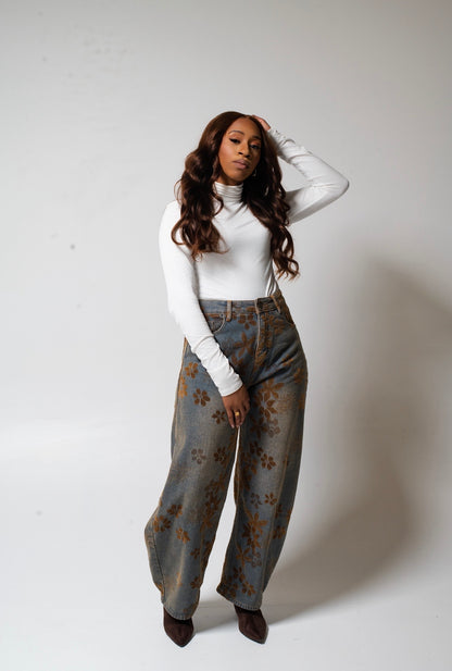 Floral Print Wide Leg Denim Pants