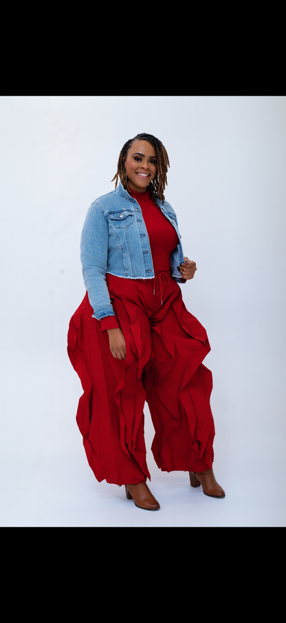 Red Wide Leg Ruffle Jogger Pants