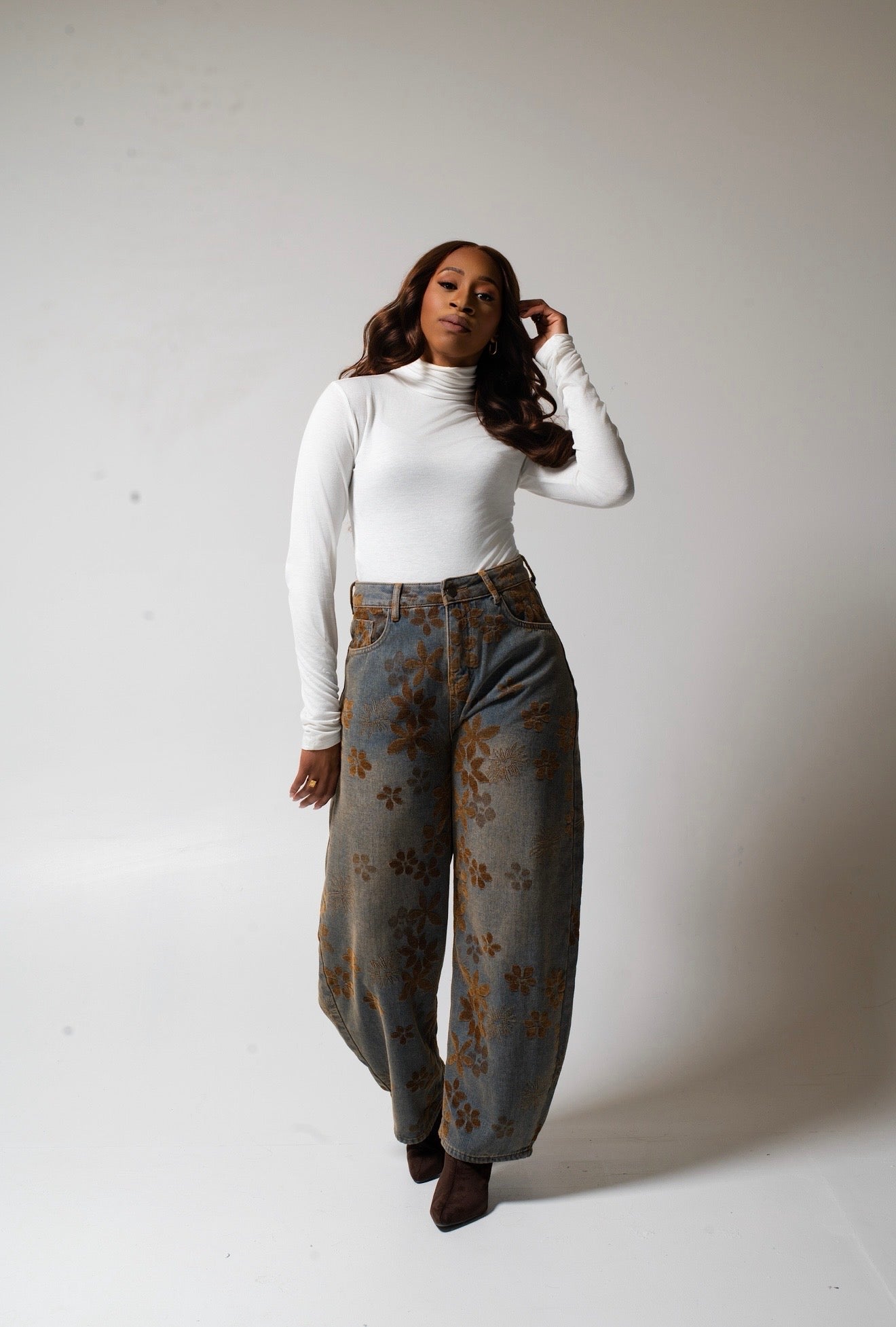 Floral Print Wide Leg Denim Pants