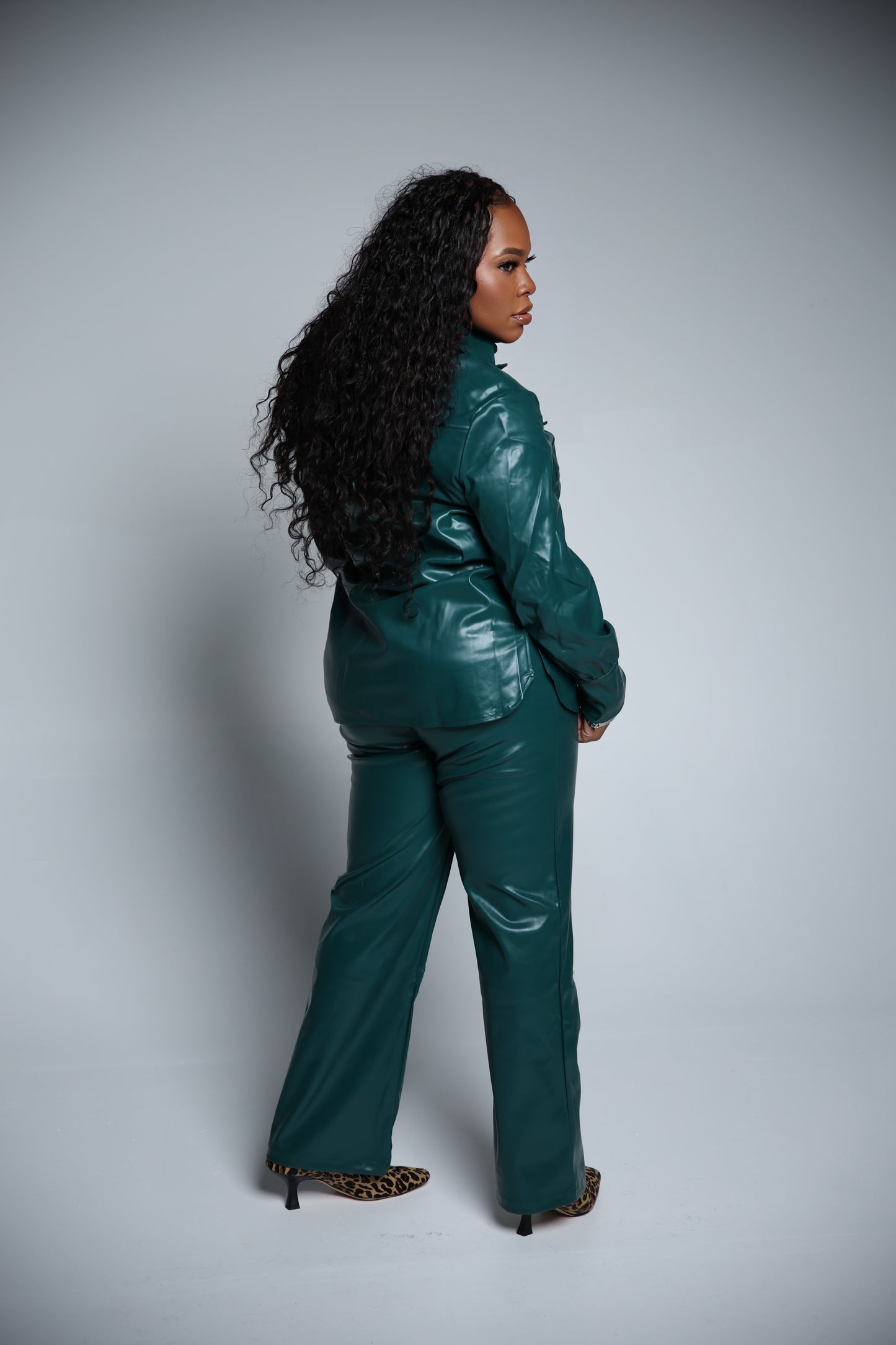 Faux Leather Button-Up Pants Suit