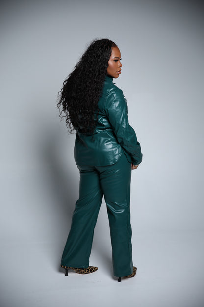 Faux Leather Button-Up Pants Suit