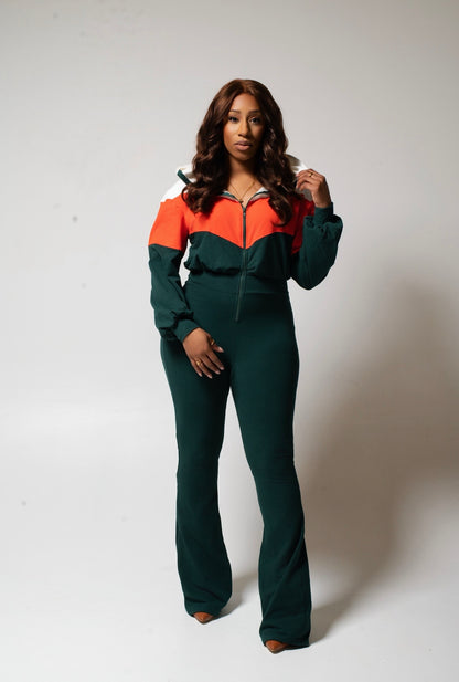 COLOR BLOCK FLARE JUMPSUITS