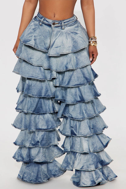 RUFFLE TIERED DENIM PANTS