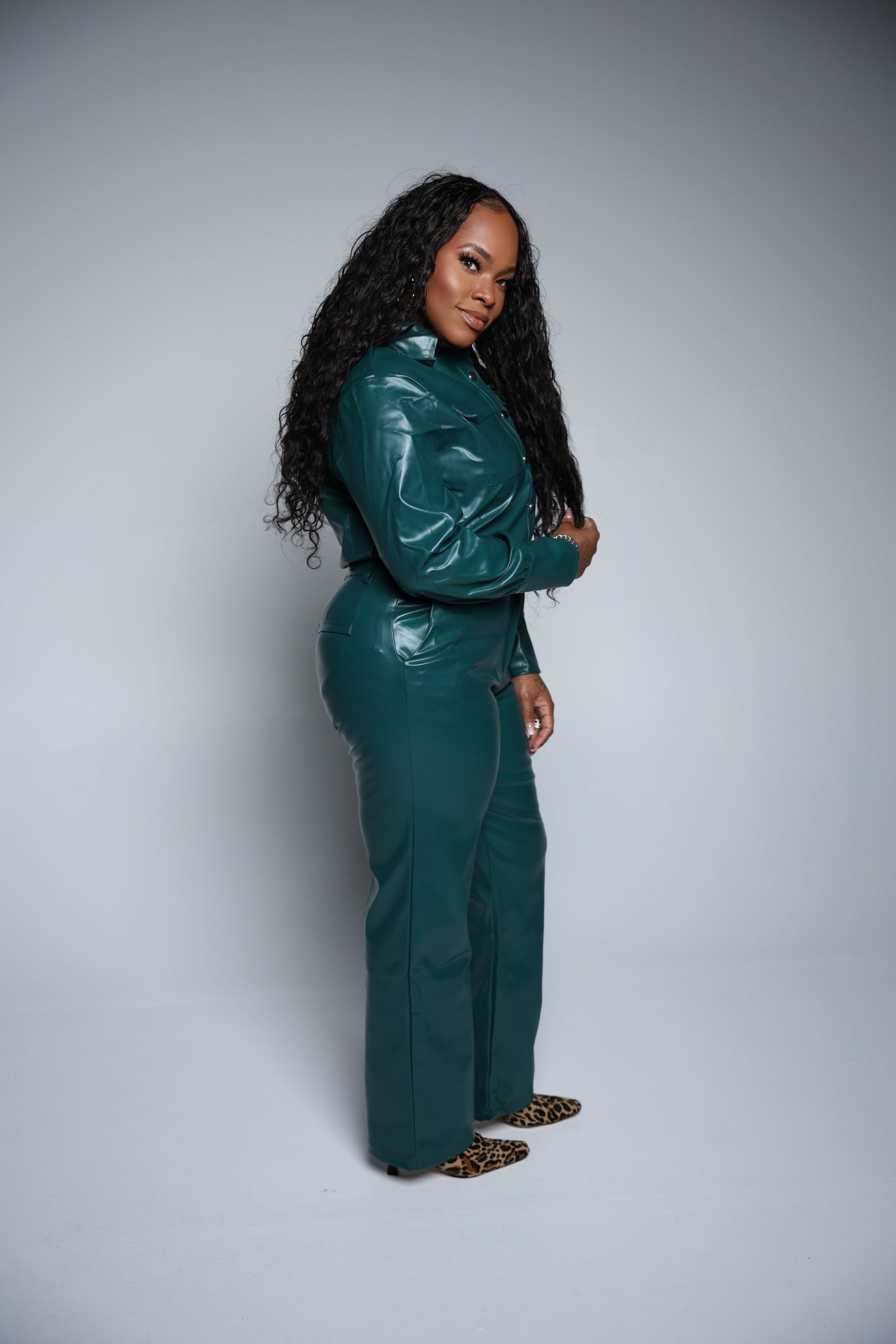 Faux Leather Button-Up Pants Suit