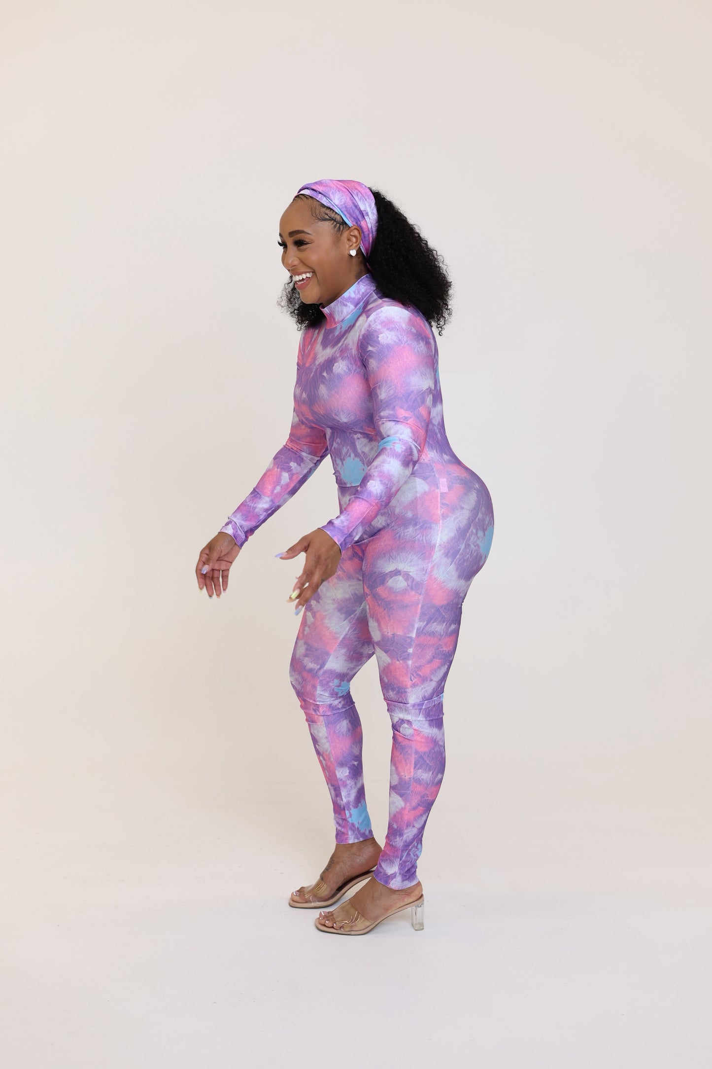 MOCK NECK BODYCON JUMPSUIT WITH HEAD SCARF