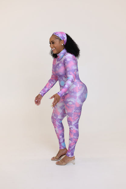 MOCK NECK BODYCON JUMPSUIT WITH HEAD SCARF