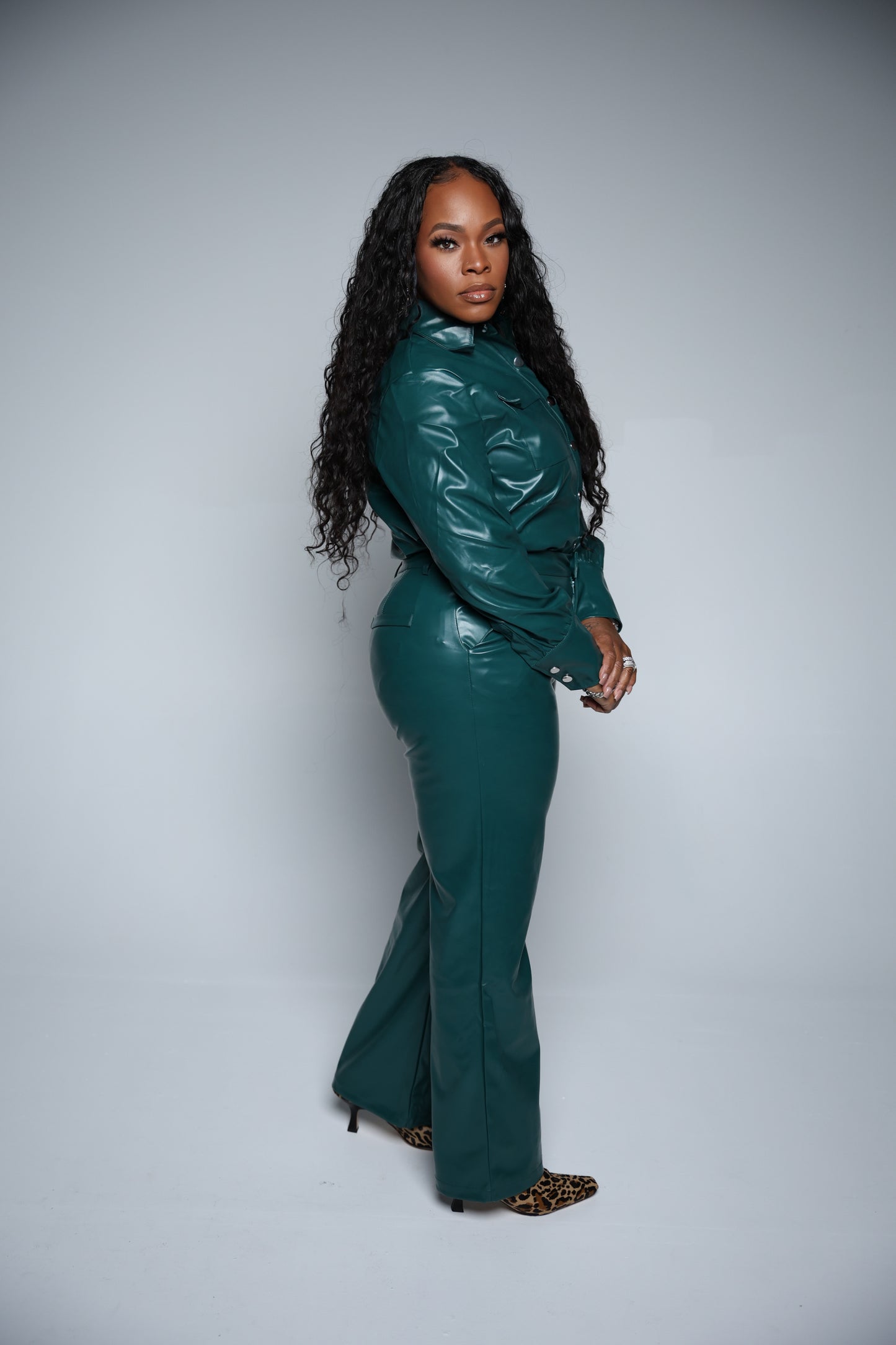 Faux Leather Button-Up Pants Suit