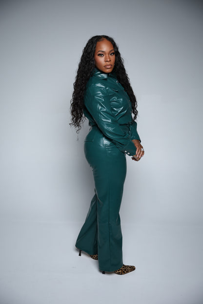 Faux Leather Button-Up Pants Suit