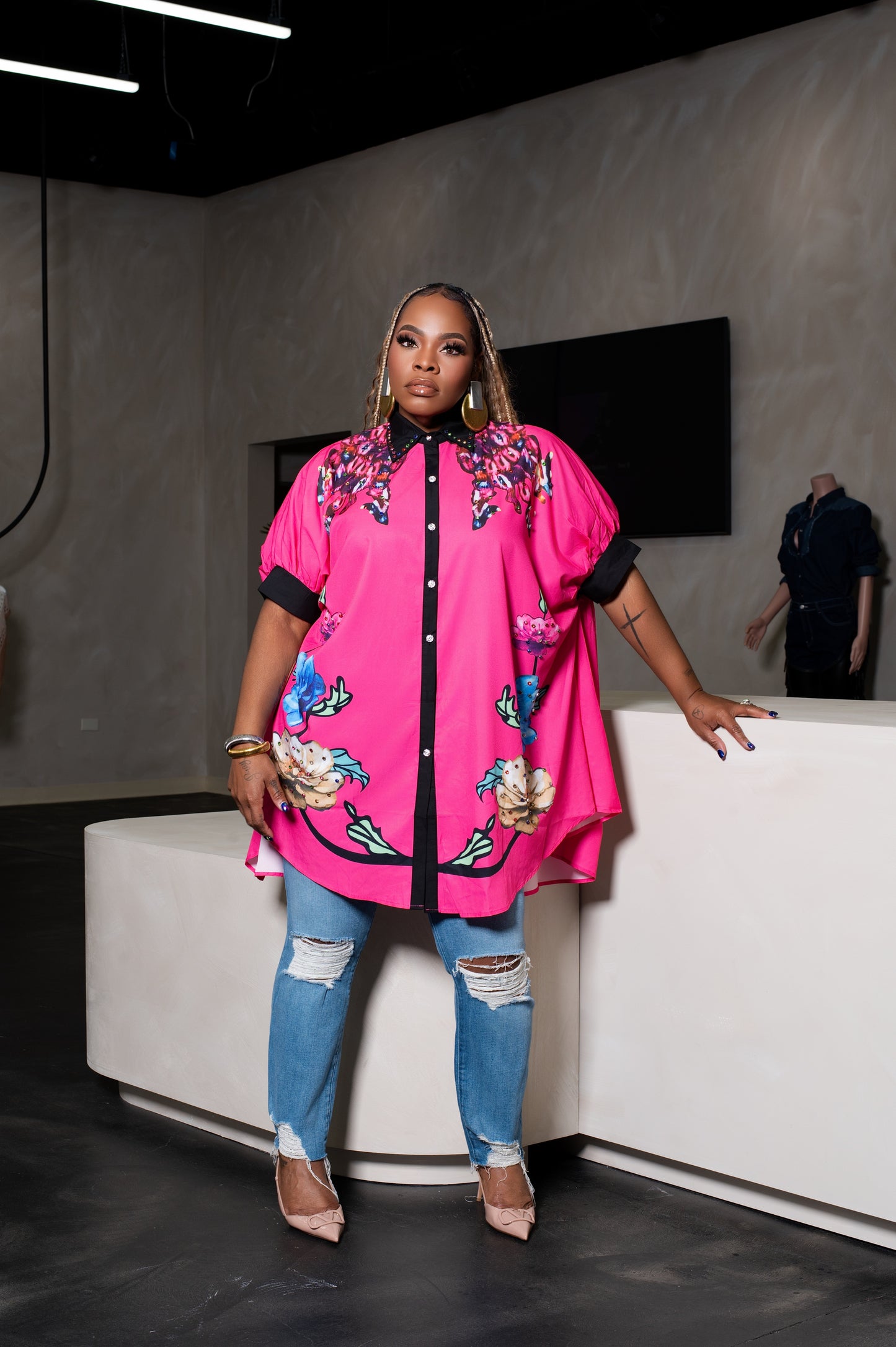 STUDDED FLORAL SHIRT DRESS (S-2XL)