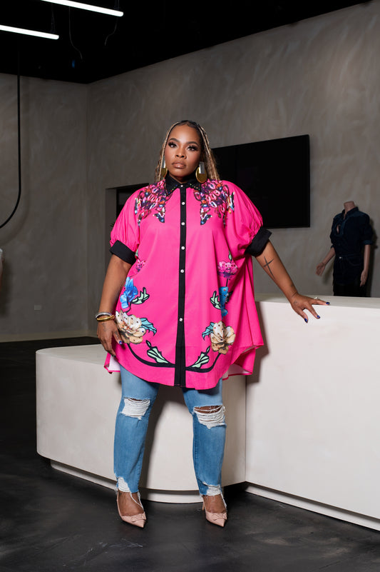 STUDDED FLORAL SHIRT DRESS (S-2XL)