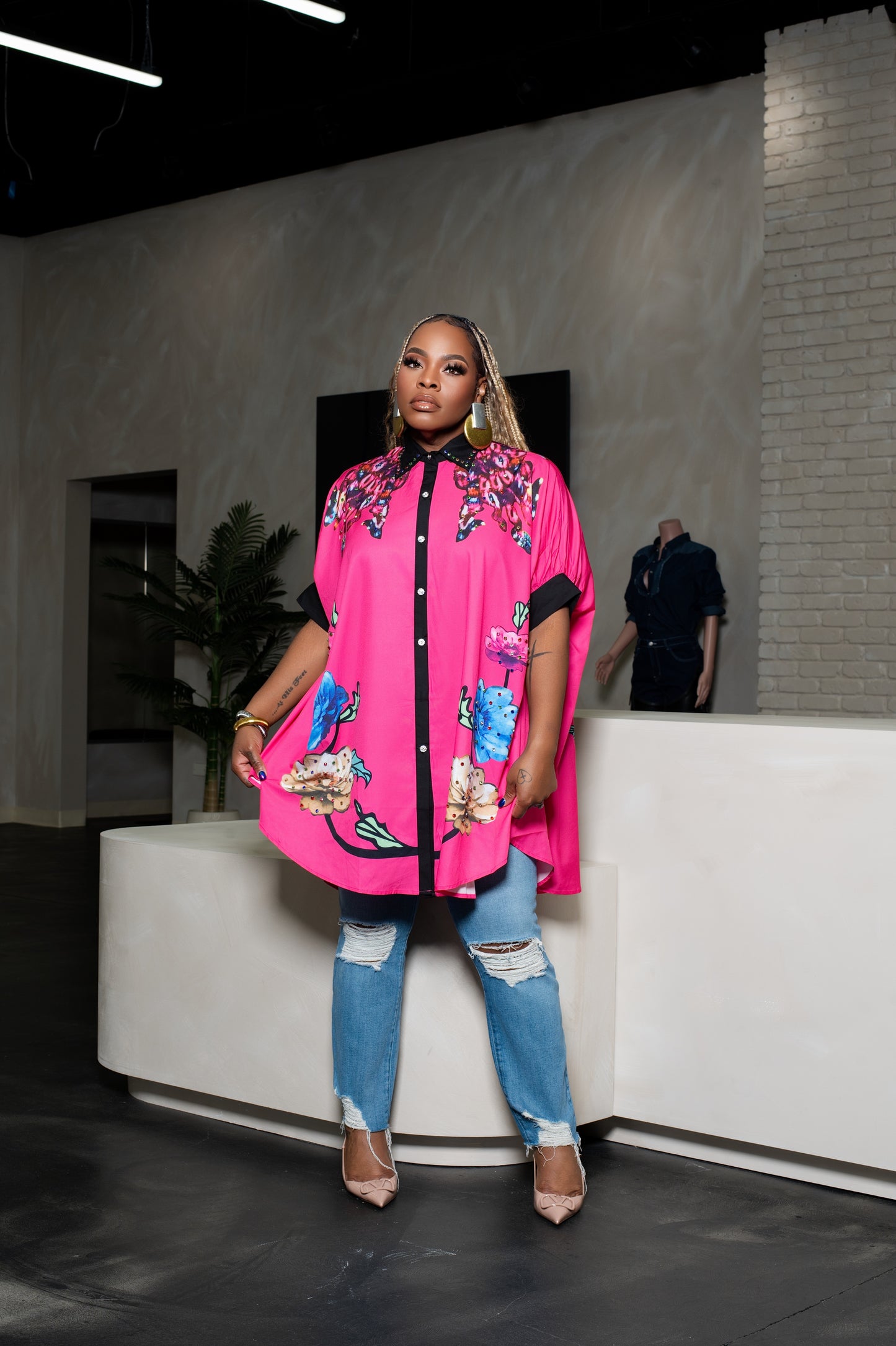 STUDDED FLORAL SHIRT DRESS (S-2XL)