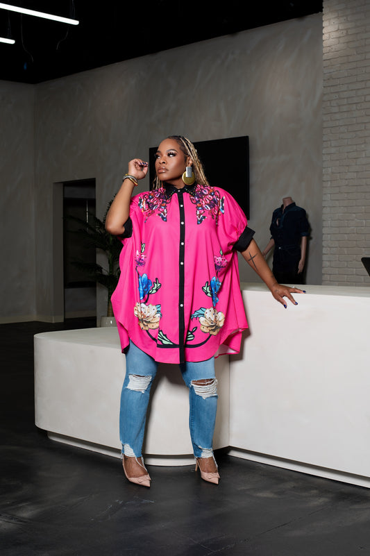STUDDED FLORAL SHIRT DRESS (S-2XL)