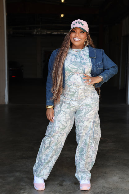 Rhinestone Camo Pink Wood Print Baggy Barrel Jeans