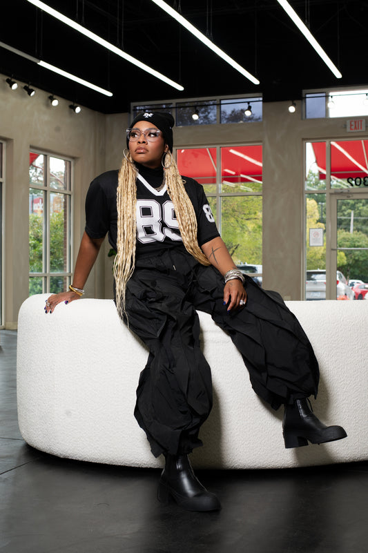 Oversized Wide Leg Ruffle Jogger Pants (Black)
